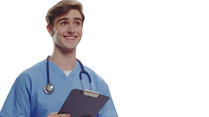 PNG Smiling Young Male Doctor, Medical Professional, Healthcare, Stethoscope, Clipboard, Patient Care isolated on transparent background