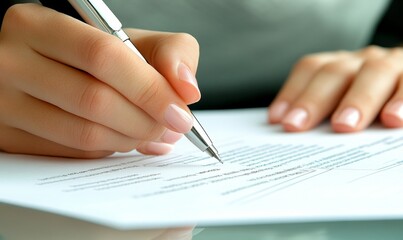 Businesswoman Signing Contract with Pen at Office Desk, Focus on Hand and Document, Corporate Agreement, Professional Signing, Business Deal, Official Document, Office Work, Generative AI