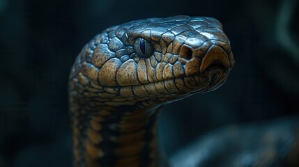 Fototapeta premium Close-up of a black snake with golden scales, raised head, and hypnotic gaze in diffused light, predatory look, wildlife, symbol of danger and mystery, dramatic lighting