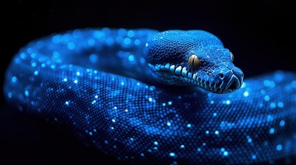 Fototapeta premium Close-up of a vibrant blue snake with light-reflecting scales, hypnotic gaze, and black background, conceptual wildlife image, fantastic appearance, striking lighting effects