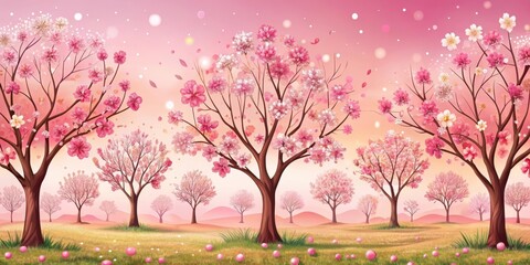 Whimsical Florals and Cherries Background Illustration, pink, blossoming trees,  pink, blossoming trees, gifts