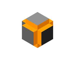 Cube logo, geometric vector design. Box logotype company, trendy tech emblem in pixel style.