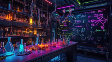Obraz premium A vibrant laboratory filled with colorful glassware and scientific equations on a chalkboard.