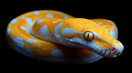 Obraz premium Close-up of an albino python with vibrant yellow and white scales, coiled in a ring, high-contrast lighting, black background, exotic look, detailed texture, wildlife