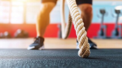 Naklejka premium Man battling ropes in gym strength training fitness indoor closeup