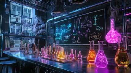 A vibrant laboratory scene with glowing beakers and scientific diagrams.
