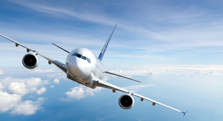 Naklejka premium Airplane flying through a clear blue sky with fluffy clouds