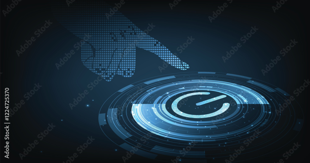 Poster power button low poly design.smart technology power button on a dark blue background.futuristic digi