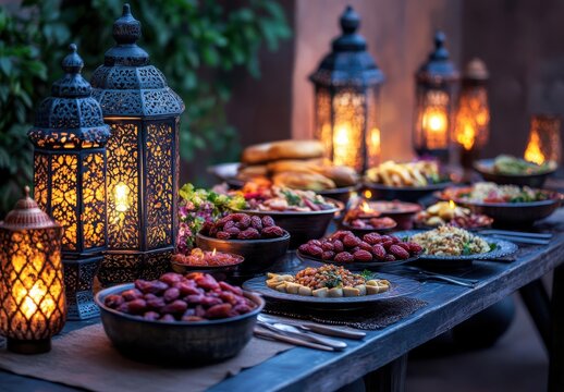 Exquisite Outdoor Dinner Table with Festive Lanterns and Gourmet Food