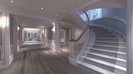 Obraz premium Elegant Home Interior with Grand Staircase and Hardwood Floors