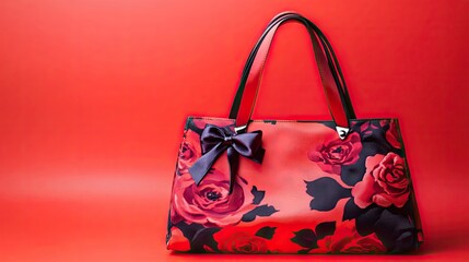 Close-up of a fabric handbag with a stylish ribbon-wrapped handle, set against a clean background.