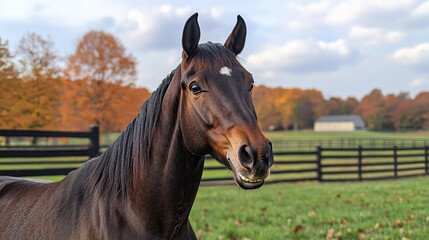 Fototapeta premium In a tranquil countryside farm under a blue sky, a sleek brown horse playfully curls its lips, exuding charm and personality among vibrant autumn foliage and rolling green fields