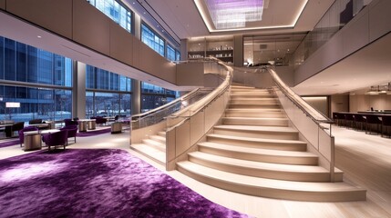 Fototapeta premium Elegant Hotel Lobby with Grand Staircase and Lounge Area