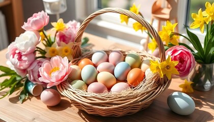 Obraz premium A vibrant Easter scene with a basket full of painted eggs, fresh spring flowers like hyacinths and daisies, pastel garlands, and small chicks on a wooden table, bathed in soft morning light.