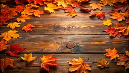 Obraz premium A wooden table with vibrant orange autumn leaves scattered around it