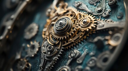 Fototapeta premium Close-up of metal gears, intricately connected to represent teamwork and machinery. The image should emphasize the precision and detail of the gears.