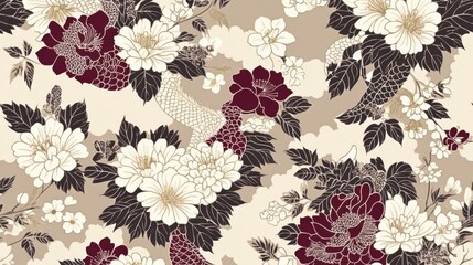 Elegant Koi Fish and Floral Seamless Pattern Design