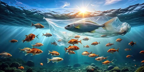 Obraz premium A school of fish trapped in a plastic bag floating on the surface of the ocean