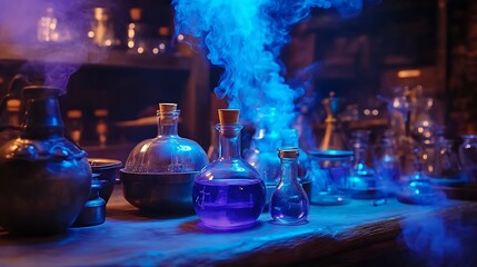Alchemy laboratory of the witch flasks retorts cauldron mortars