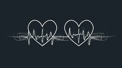 Obraz premium A white line drawing of two hearts connected by an adorable heart beat, on a black background