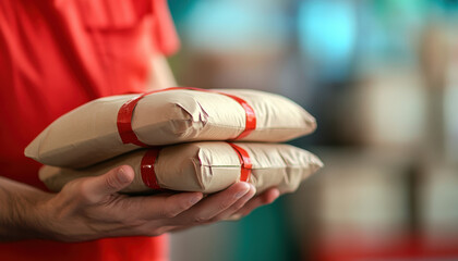 Close up of courier hands holding parcels wrapped in brown paper with red tape, showcasing delivery process and attention to detail