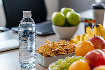 Refreshing still life of healthy snacks and beverages on a modern office table with fruits