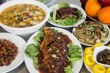 Southern Chinese food in the ceremony of setting up a table to worship ancestors on Chinese New Year, Top view