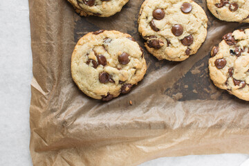 Overhead view of chocolate chip cookies, top view of homemade chocolate chip cookies on a brown background