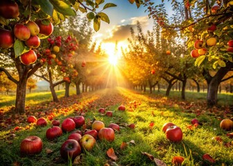 Lush Autumn Orchard: Red Apples Hanging on Branches
