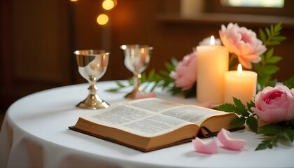 An altar in a church adorned with white lilies, golden chalices, and lit candles, creating a serene and sacred atmosphere.