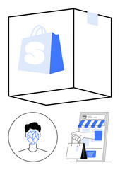 Package with shopping bag, biometric face recognition icon, and online storefront on screen. Ideal for e-commerce, retail, biometrics, tech innovation, shopping apps, delivery systems abstract line