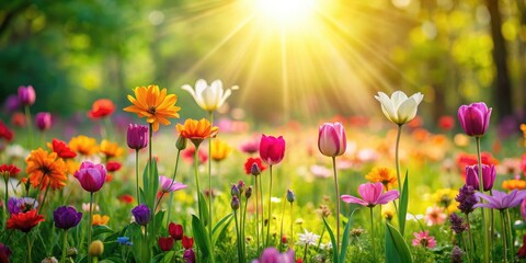 Fototapeta premium Softly glowing sunlight filters through vibrant flowers in a lush green field