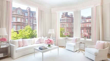 Elegant Living Room with City View and Pink Accents