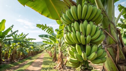 Lush Green Banana Bunch on Plantation - Organic Farming Stock Photo