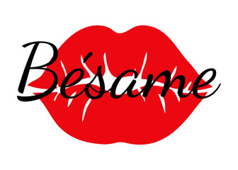 Logo con palabra B&eacute;same en texto manuscrito en espa&ntilde;ol con silueta de labios de mujer para felicitaciones y tarjetas de San Valent&iacute;n