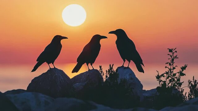Three crows silhouetted against a vibrant sunset by the coast.