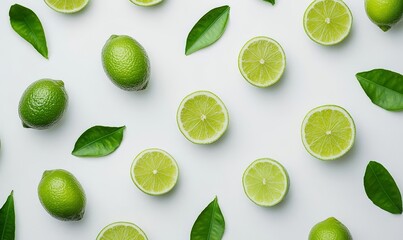 Fresh Limes with Leaf Isolated on White Background - Juicy Citrus Fruit for Summer Refreshment, Healthy Diet, and Culinary Use, Generative AI