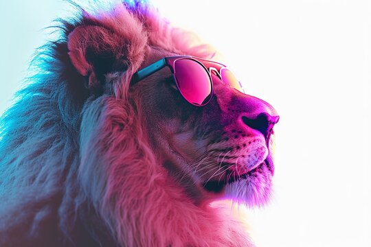 A regal lion sporting regal shades, ideal for editorial use.blank templated, rule of thirds, space for text, isolated white background neon light, extreme right, rule of third