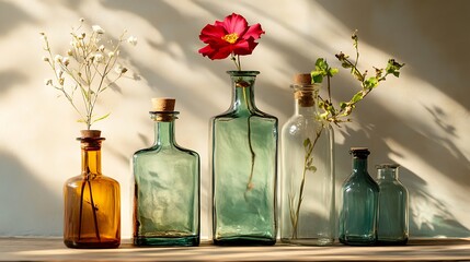 Antique glass bottles retro stylish design for decor with red flower