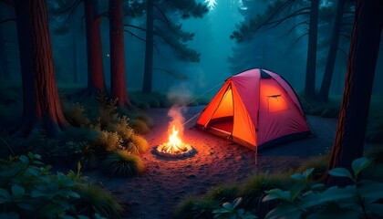 A lit campfire near a tent in the forest, creating a warm and inviting atmosphere surrounded by nature
