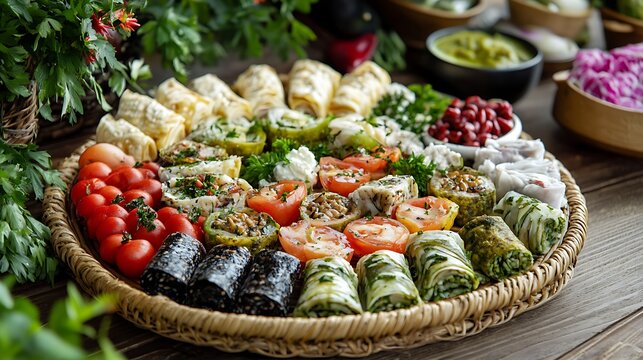 Appetizer zeytinyagli pirasa served on wicker tray