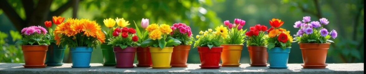 Fototapeta premium Spring flowers in colorful pots on a gray stone table, spring flowers, planters, nature