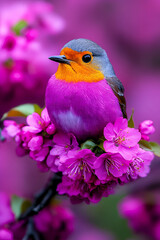 Obraz premium A vibrant bird perched on pink blossoms, showcasing its colorful plumage against a soft, blurred floral backdrop.