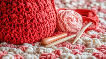 Macro view of crochet work-in-progress with a partially completed bag and crochet hooks.