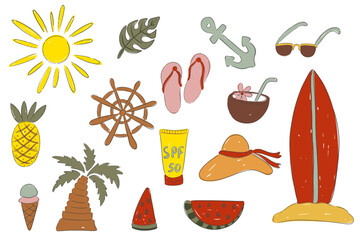 Hand drawn summer collection with beach elements and tropical vibes, summertime design vector illustration
