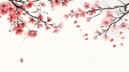 cherry blossom on white background in watercolor painting texture.