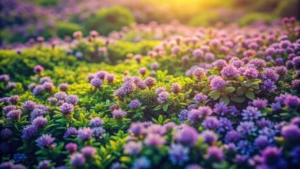 Obraz premium Retro-styled photo: a carpet of green, dotted with tiny purple blooms, vintage ground cover.