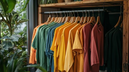 Fototapeta premium A colorful array of sustainable clothing hangs on wooden racks, illuminated by natural light, surrounded by lush greenery, promoting eco-conscious fashion choices for all