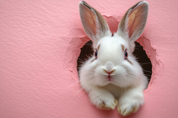 Obraz premium Adorable white bunny peeking through a hole in a pink wall 