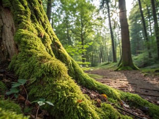 Lush Green Moss on Ancient Tree Bark in Forest - Nature Background Stock Photo